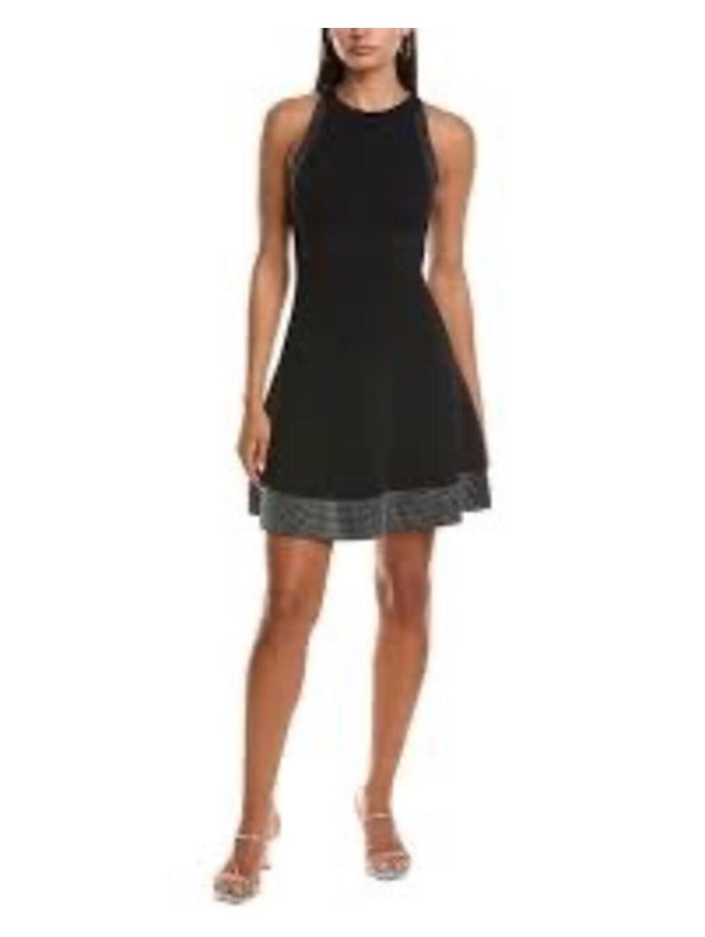 NEW! Milly Crystal-Trim Halter Flare Knit Mini‎ Dress Black Embellished Size S